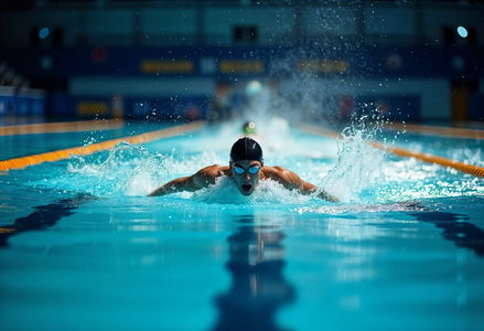 Aktywność fizyczna Pływak podczas intensywnego treningu na basenie sportowym, aktywność fizyczna i zdrowy styl życia.