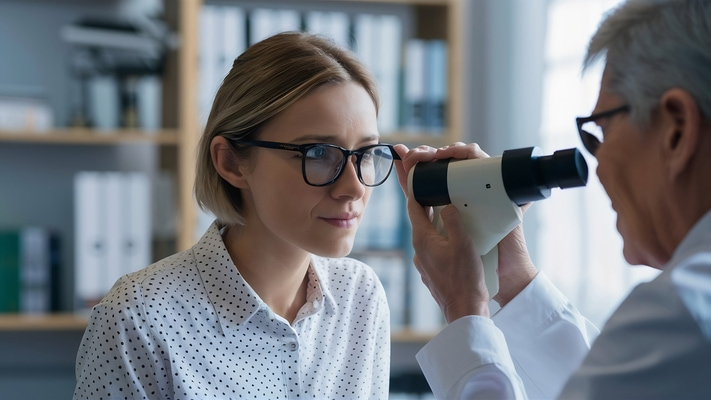 Pacjentka podczas badania wzroku u okulisty w klinice – diagnostyka przed zabiegiem korekcji wady wzroku